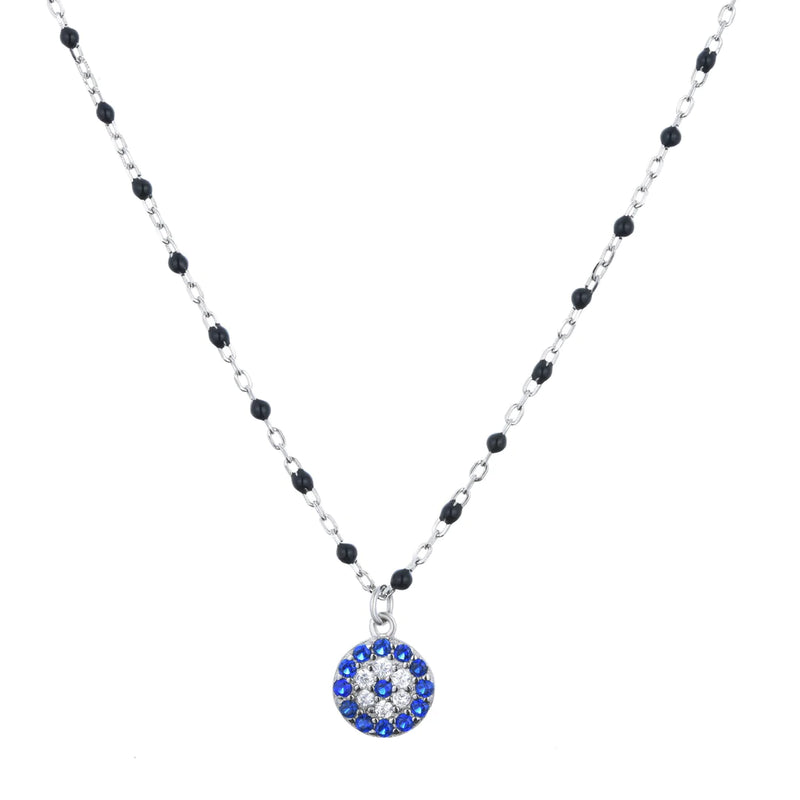 Mini Evil Eye Black Beaded Silver Necklace