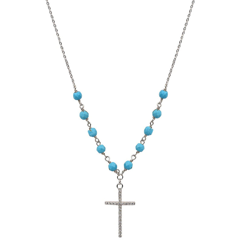 Turquoises Beaded Cross Necklace - Silver