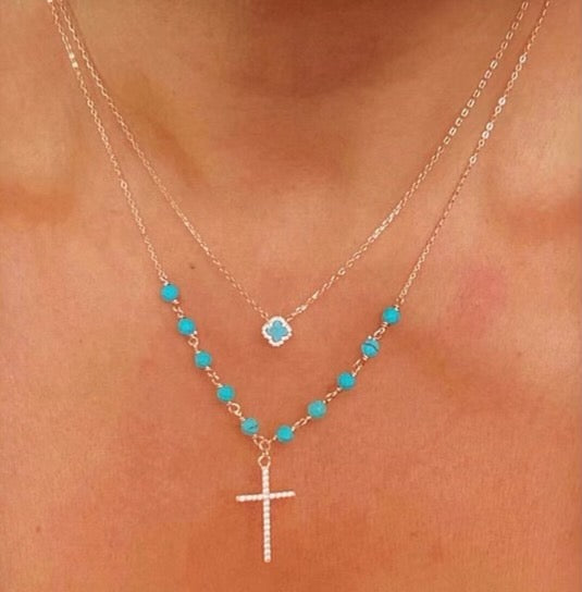 Turquoise Cross Beaded Necklace - Gold