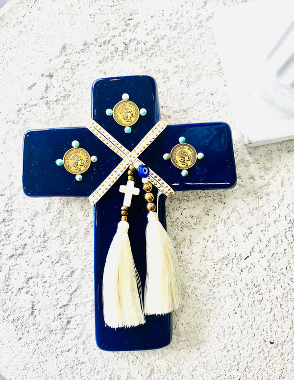 Handmade Ceramic Coin Cross - Navy