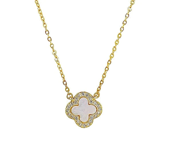 Mother of Pearl Crystal Clover Gold Necklace