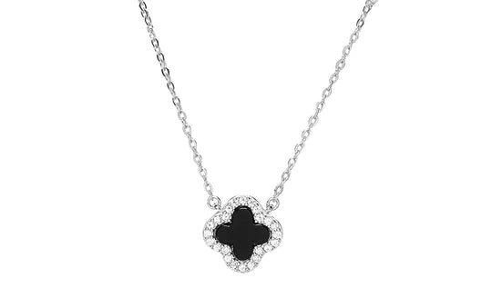 Black Crystal Clover Silver Necklace