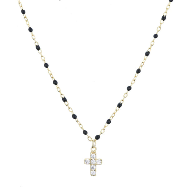 Mini Cross Black Beaded Gold Necklace