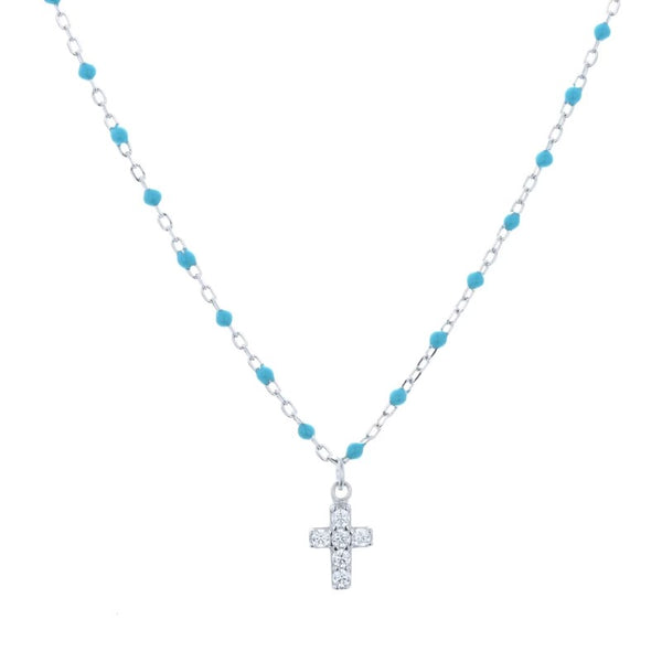 MINI CROSS Turquoise Beaded Necklace - Silver