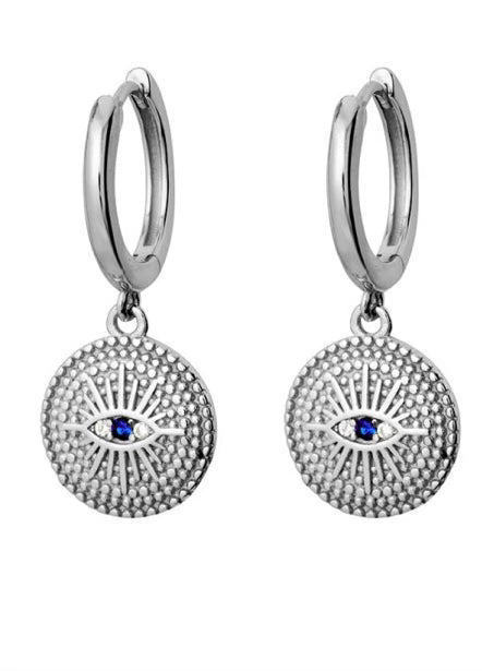 Sterling Silver Earrings with circle drop and sapphire stone.