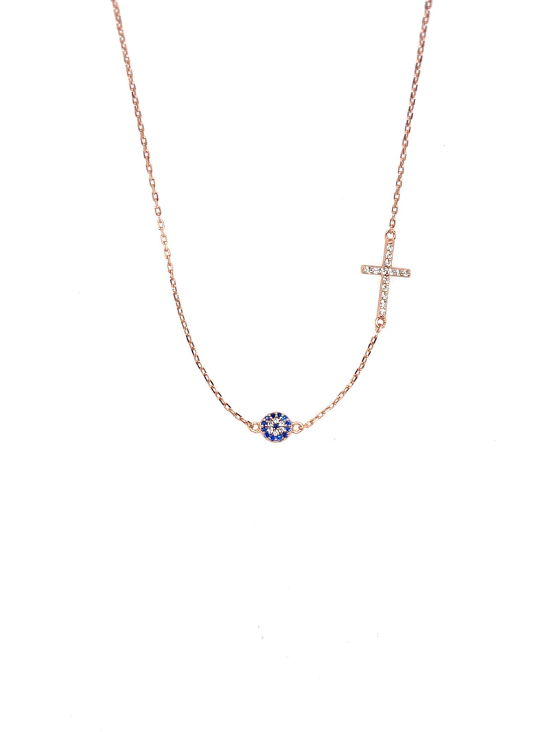 rose gold cross and evil eye necklace