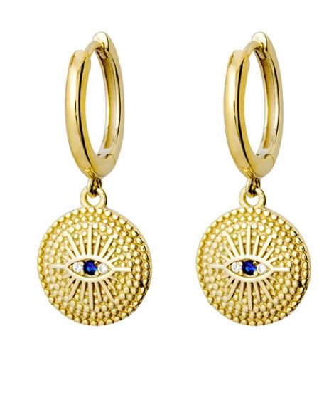 Gold Mati Pendant earrings with a sapphire stone.