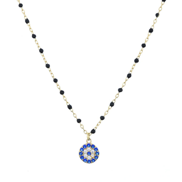 Mini Evil Eye Black Beaded Gold Necklace