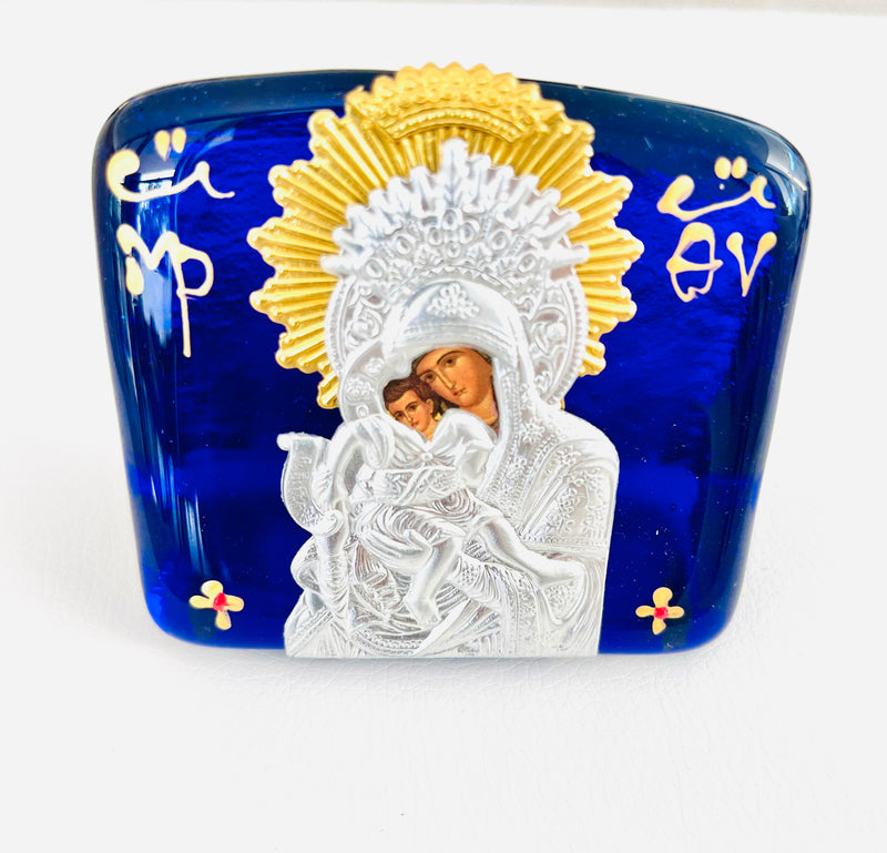 Panayitsa Icon on Blue Glass