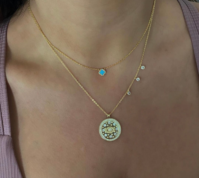Mini Turquoise Clover Necklace - Gold